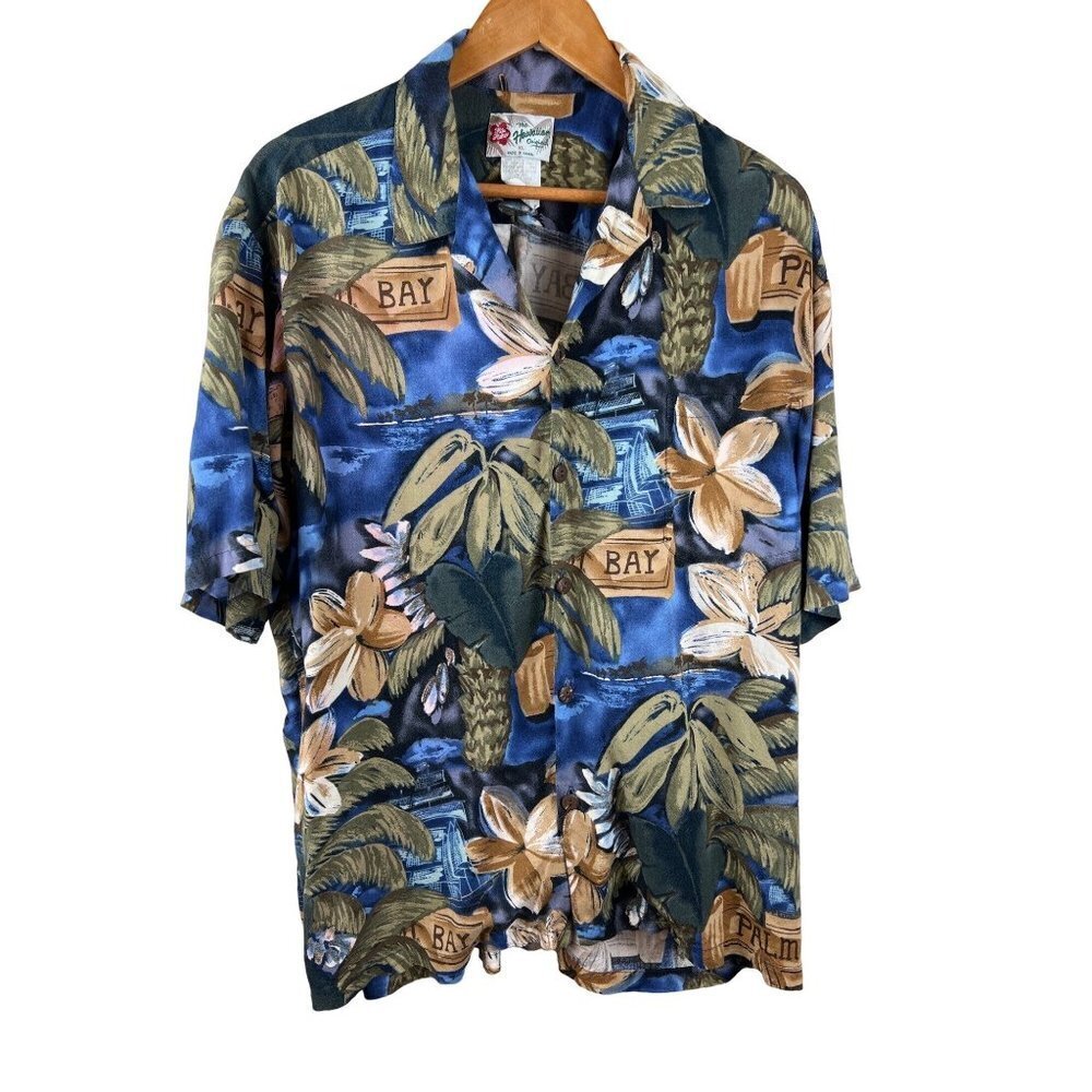 Hilo Hattie Hawaiian Blue Tropical Palm Bay Tree Challis Short Sleeve Shirt Xl